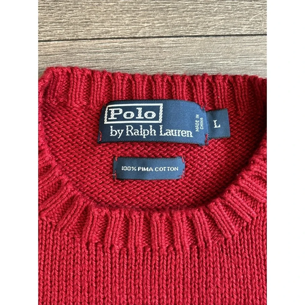 Polo Ralph Lauren Pima Cotton‎ Sweater mens size L Red Ribbed Thick Crewneck EUC